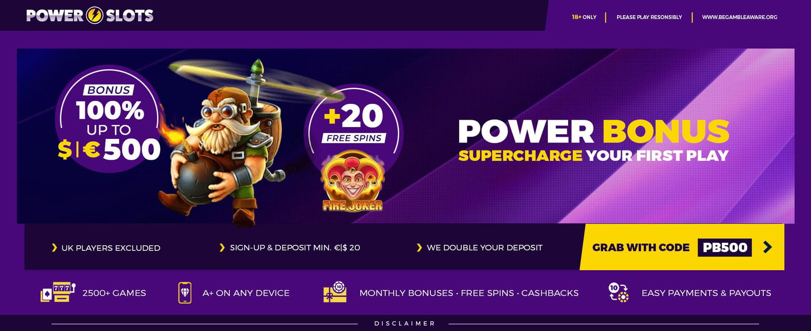 Promotion - 100% up to 500 + 20 Free Spins Fire Joker